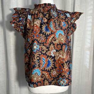 House of Harlow 1960 Blue & Brown Floral Ruffle Neck Blouse